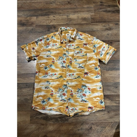 Quiksilver Size Xl Men's Beach Shirt Button Up Surf Orange With Palm Trees - Picture 1 of 6